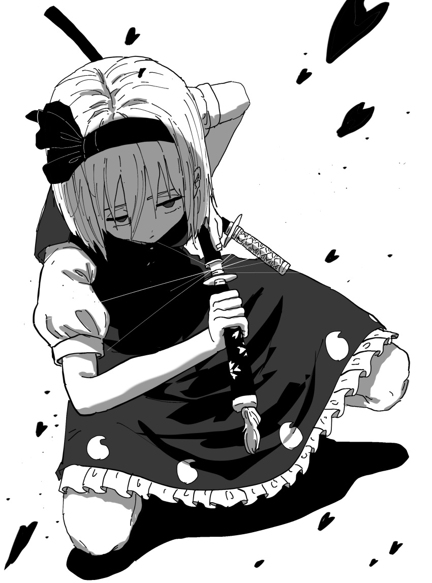 1girl, absurdres, bob_cut, bow_hairband, dress, facing_down, fighting_stance, frilled_dress, frills, full_body, greyscale, hairband, head_down, highres, holding, katana, konpaku_youmu, looking_at_viewer, looking_up, magatama_print, monochrome, multiple_swords, puffy_short_sleeves, puffy_sleeves, serious, shade, shadow, sheath, short_hair, short_sleeves, simple_background, solo, spread_legs, squatting, sword, touhou, two-handed, unsheathing, uzou_ck0l65ckol47909, weapon, white_background