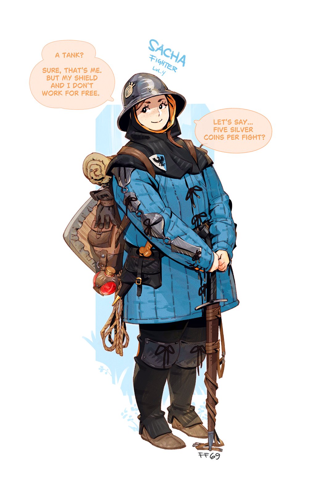 1girl, armor, backpack, bag, bedroll, black_coif, coat_of_arms, dagger, dungeons_&amp;_dragons, english_text, ff69_(ff69x), gambeson, gloves, highres, hosen_(clothing), kettle_helm, kite_shield, knife, potion, shield, surcoat, sword, weapon, white_background