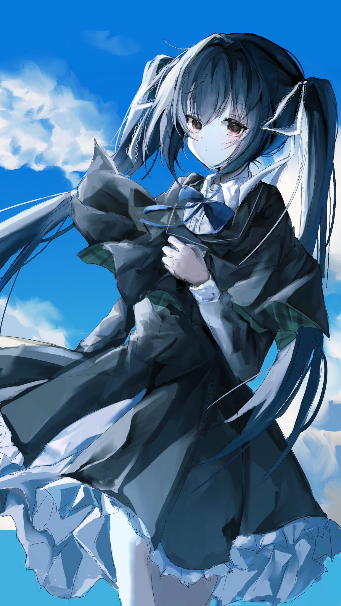1girl, black_capelet, black_dress, black_hair, blue_bow, blue_bowtie, blue_sky, blush