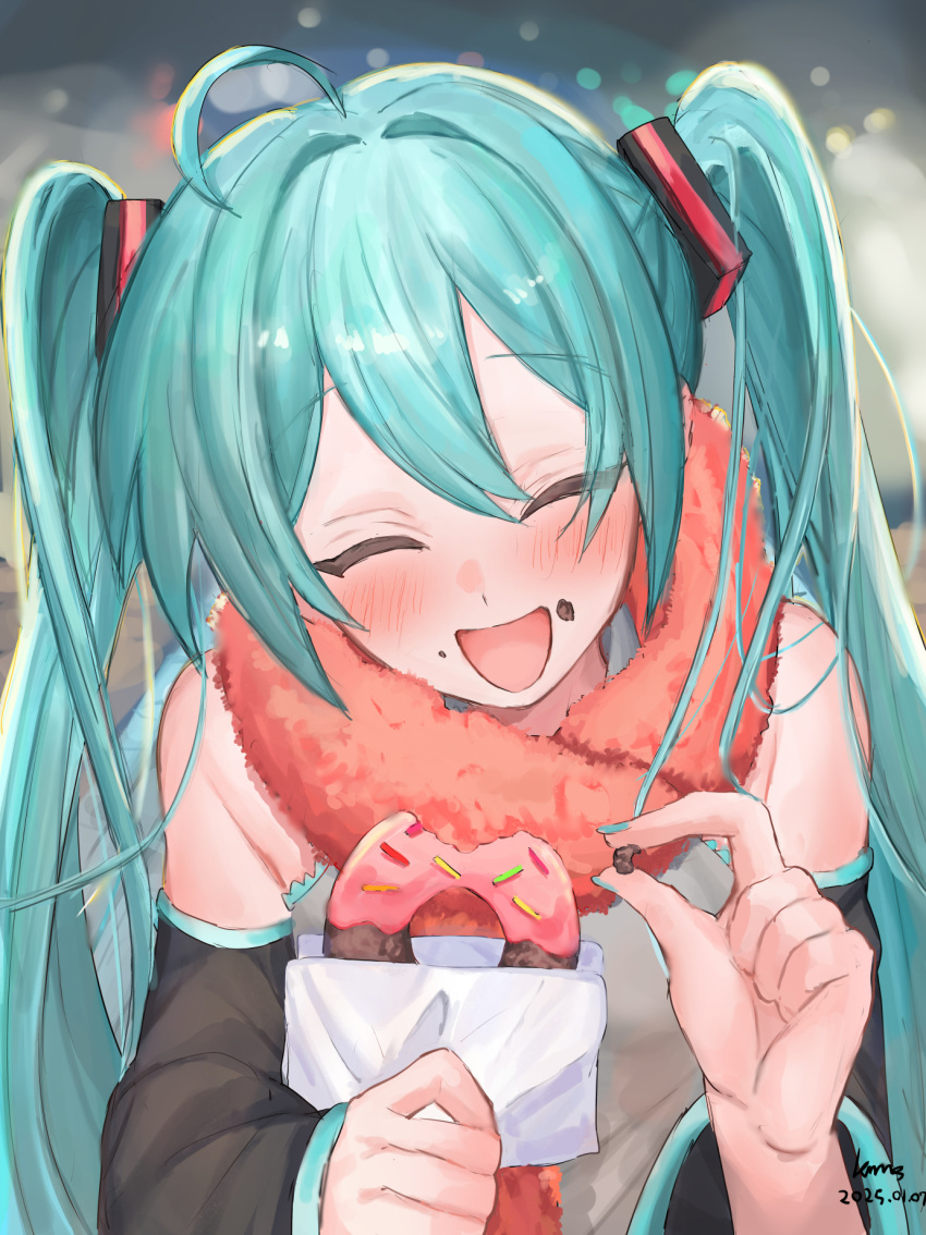 1girl, ahoge, blue_hair, blush, closed_eyes, commentary_request, dated, detached_sleeves