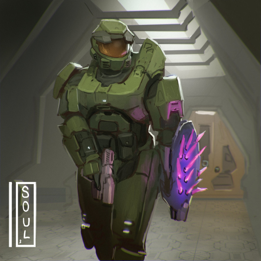 1boy, artist_name, assault_visor, asymmetrical_dual_wielding, dual_wielding, english_commentary, gloves, green_gloves, green_helmet, gun, halo:_combat_evolved, halo_(series), handgun, helmet, highres, holding, holding_gun, holding_weapon, indoors, looking_to_the_side, m6d, male_focus, master_chief, needler, redesign, solo, soul_ant19, spartan_(halo), trigger_discipline, weapon
