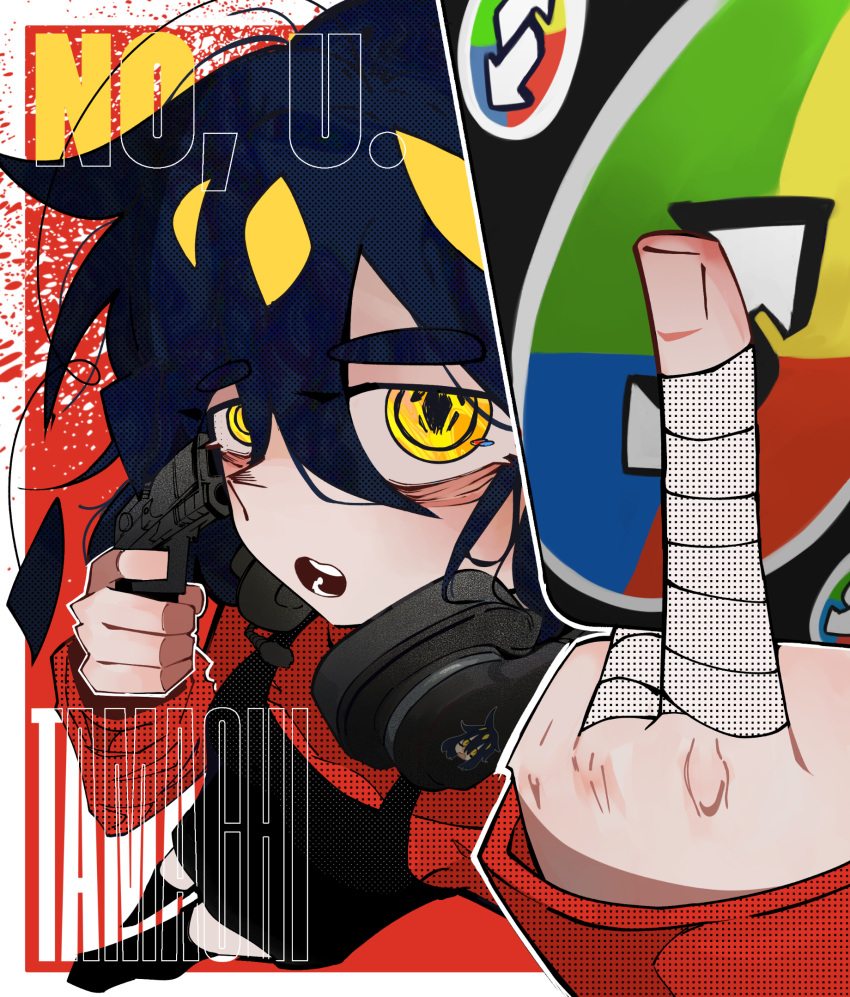 1girl, artist_name, bandaged_fingers, bandages, black_dress, black_hair, blonde_hair, card, commentary, dress, foreshortening, gun, gun_to_head, handgun, headphones, headphones_around_neck, highres, holding, holding_card, holding_gun, holding_weapon, middle_finger, multicolored_hair, open_mouth, original, red_shirt, shirt, solo, streaked_hair, tamachi_sa, two-tone_hair, uno_(game), weapon, yellow_eyes