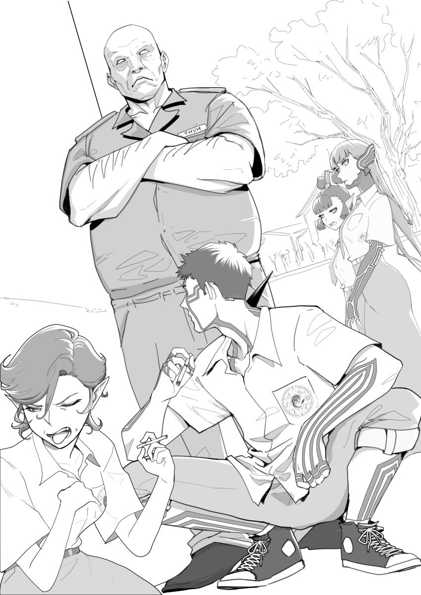 2girls, 3boys, absurdres, aghoby, alternate_costume, amanozako_(megami_tensei), cigarette, crossdressing, demi-fiend, disgust, frown, full-body_tattoo, greyscale, highres, holding, holding_cigarette, in-franchise_crossover, indonesian_high_school_uniform, long_hair, monochrome, multiple_boys, multiple_girls, name_tag, pixie_(megami_tensei), pointy_ears, protagonist_(smtv), school_uniform, shin_megami_tensei, shin_megami_tensei_iii:_nocturne, shin_megami_tensei_v, short_hair, sideless_bangs, slav_squatting, squatting, tattoo, very_long_hair, yhvh_(megami_tensei)
