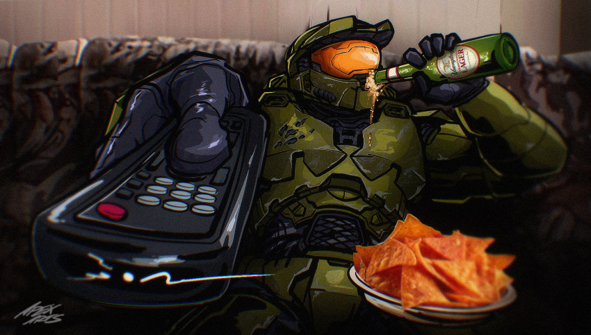 1boy, apexartsig, artist_name, assault_visor, beer_bottle, black_gloves, bottle, controller