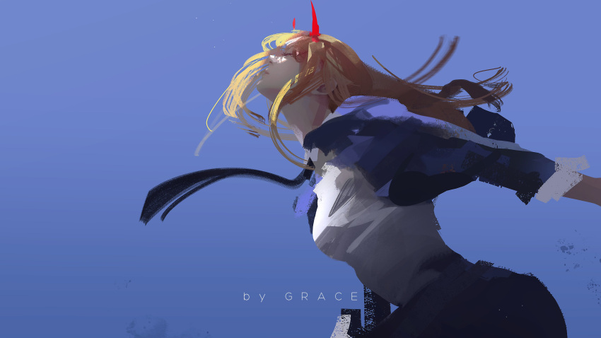1girl, absurdres, artist_name, black_necktie, blonde_hair, blue_jacket, blue_sky, chainsaw_man