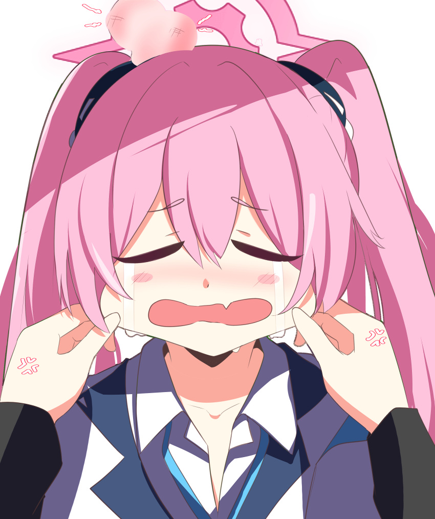 1girl, 1other, absurdres, anger_vein, austsue, blue_archive, blue_necktie, blush