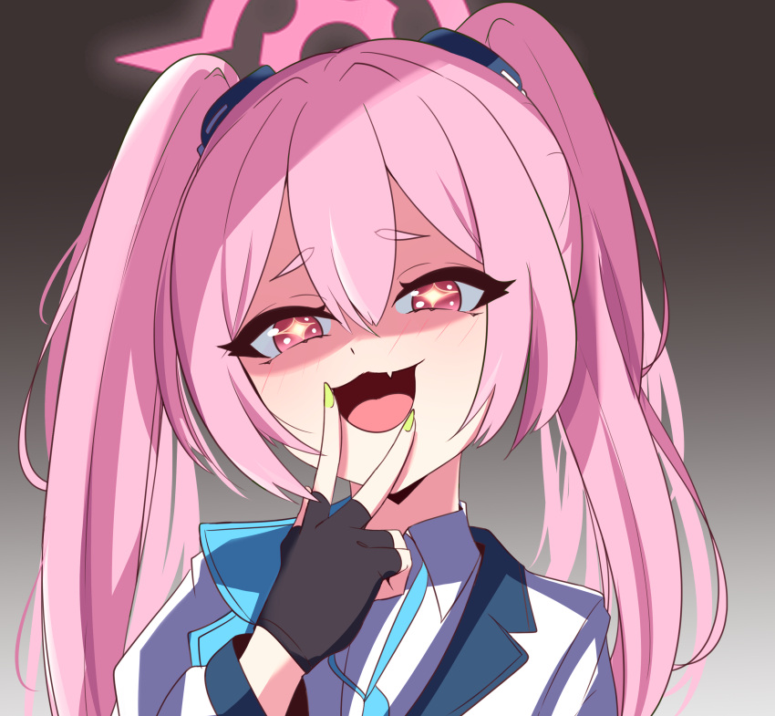 +_+, 1girl, :3, :d, absurdres, austsue, black_gloves, blue_archive, blue_necktie, blush, close-up, collared_shirt, commentary_request, double-parted_bangs, evil_smile, fang, fingerless_gloves, gloves, green_nails, grey_background, hair_between_eyes, halo, hand_up, highres, korean_commentary, koyuki_(blue_archive), long_hair, looking_at_viewer, nail_polish, necktie, open_mouth, pink_eyes, pink_hair, pink_halo, school_uniform, shaded_face, shirt, short_eyebrows, sidelocks, simple_background, skin_fang, smile, smug, solo, thick_eyebrows, tsurime, twintails, v, v_over_mouth, white_shirt