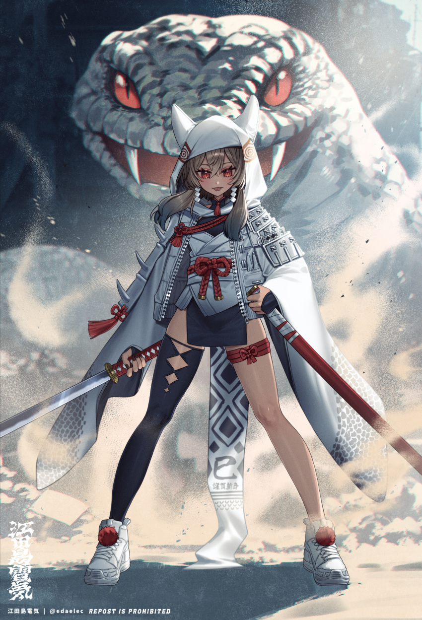 1girl, animal, armor, asymmetrical_legwear, black_gauntlets, black_loincloth, black_nails, black_thighhighs