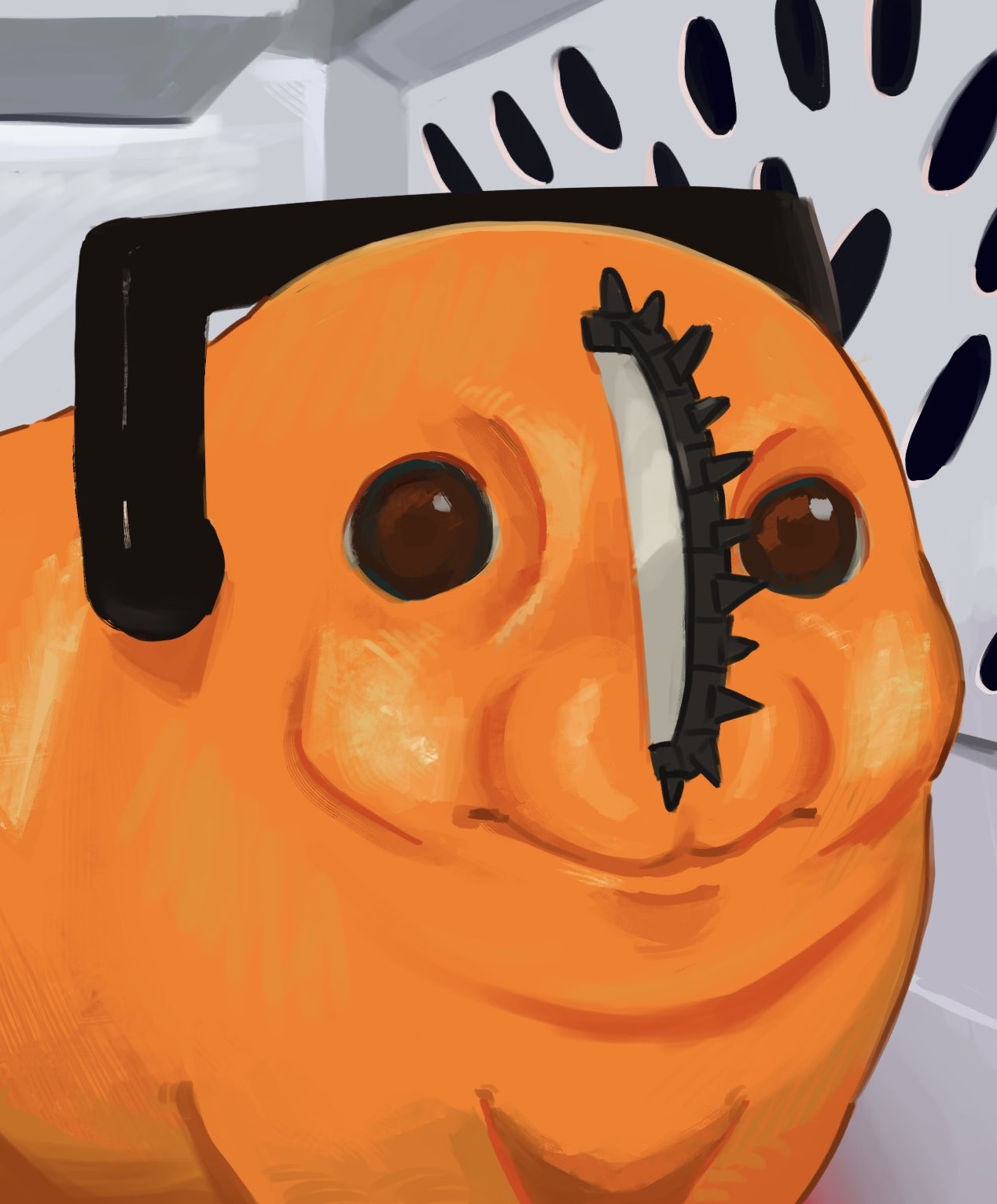 brown_eyes, chainsaw, chainsaw_man, closed_mouth, creature_focus, goldenpenhd, highres, pet_carrier