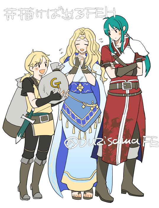 1girl, 2boys, belt, black_gloves, blonde_hair, boots, brown_belt, buckle