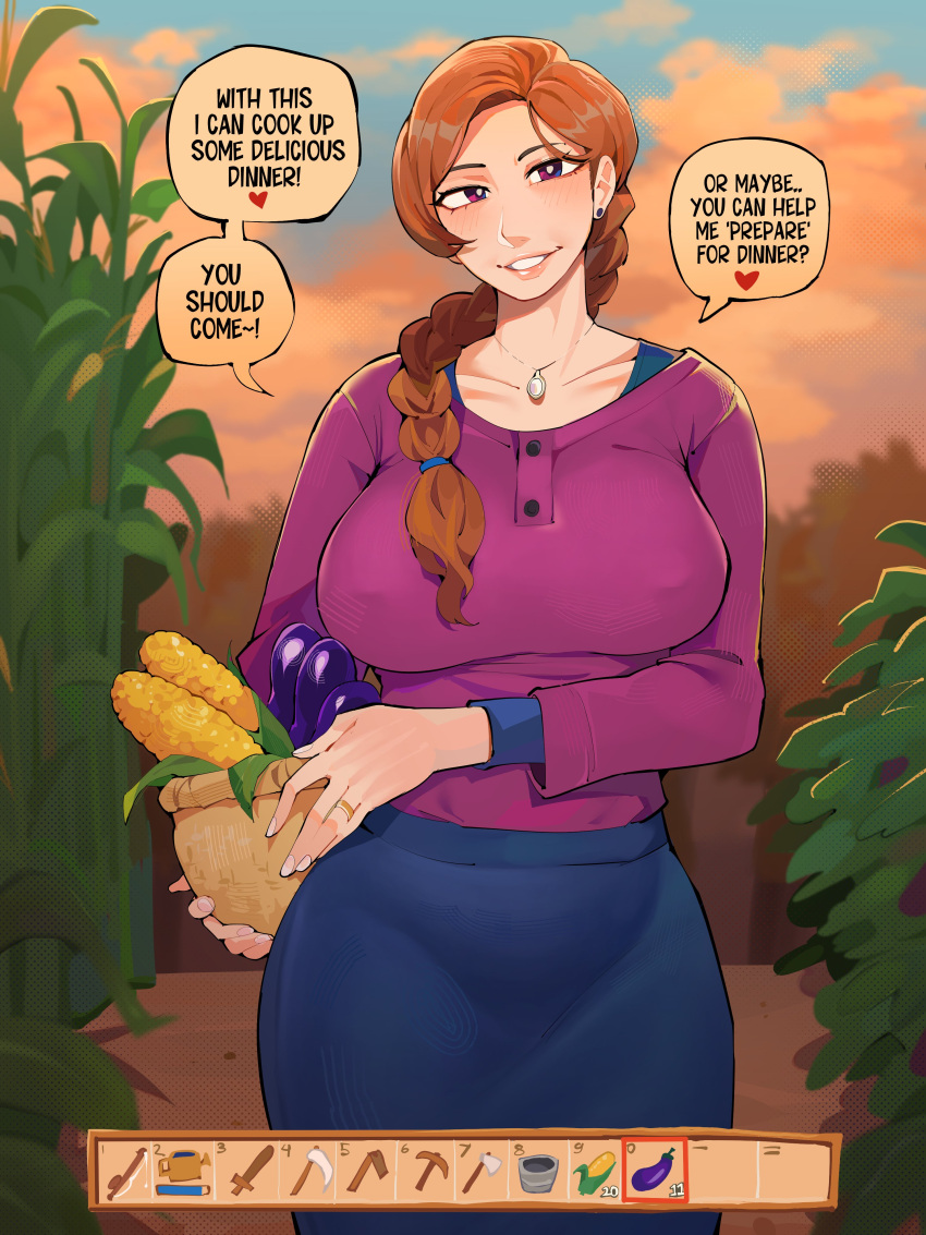 1girl, absurdres, basket, blue_skirt, braid, braided_ponytail, breasts, bright_pupils, brown_hair, corn, day, diforland, eggplant, english_text, gameplay_mechanics, highres, holding, holding_basket, jewelry, jodi_(stardew_valley), large_breasts, long_hair, looking_at_viewer, necklace, outdoors, plant, purple_shirt, shirt, skirt, solo, speech_bubble, stardew_valley, violet_eyes, white_pupils