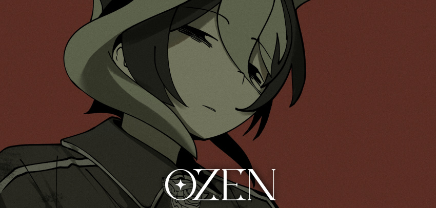 1girl, bags_under_eyes, black_eyes, black_hair, character_name, expressionless, hair_between_eyes, half-closed_eyes, highres, made_in_abyss, no_sclera, ozen, portrait, red_background, solo, tamachi_sa, white_hair, wing_collar