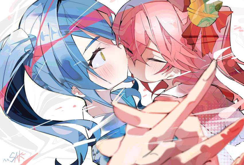 2girls, @_@, absurdres, bell, blue_hair, bow, collared_shirt, face-to-face