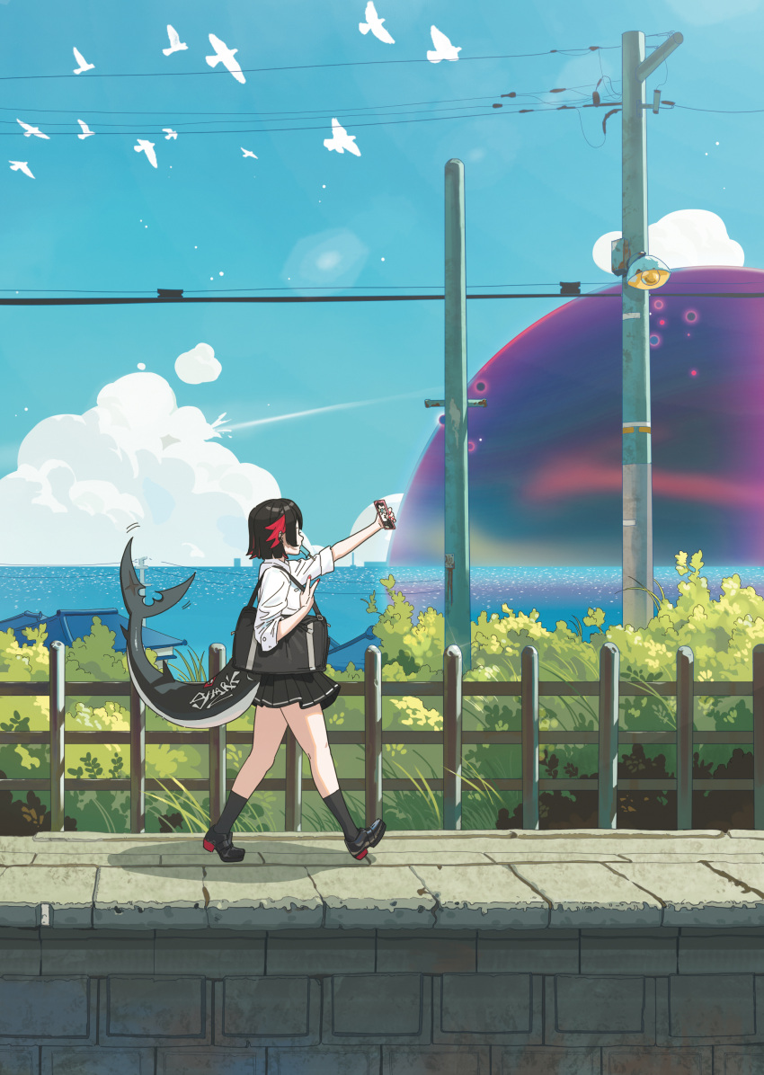 1girl, absurdres, bag, bird, black_hair, black_skirt, black_socks, blue_sky