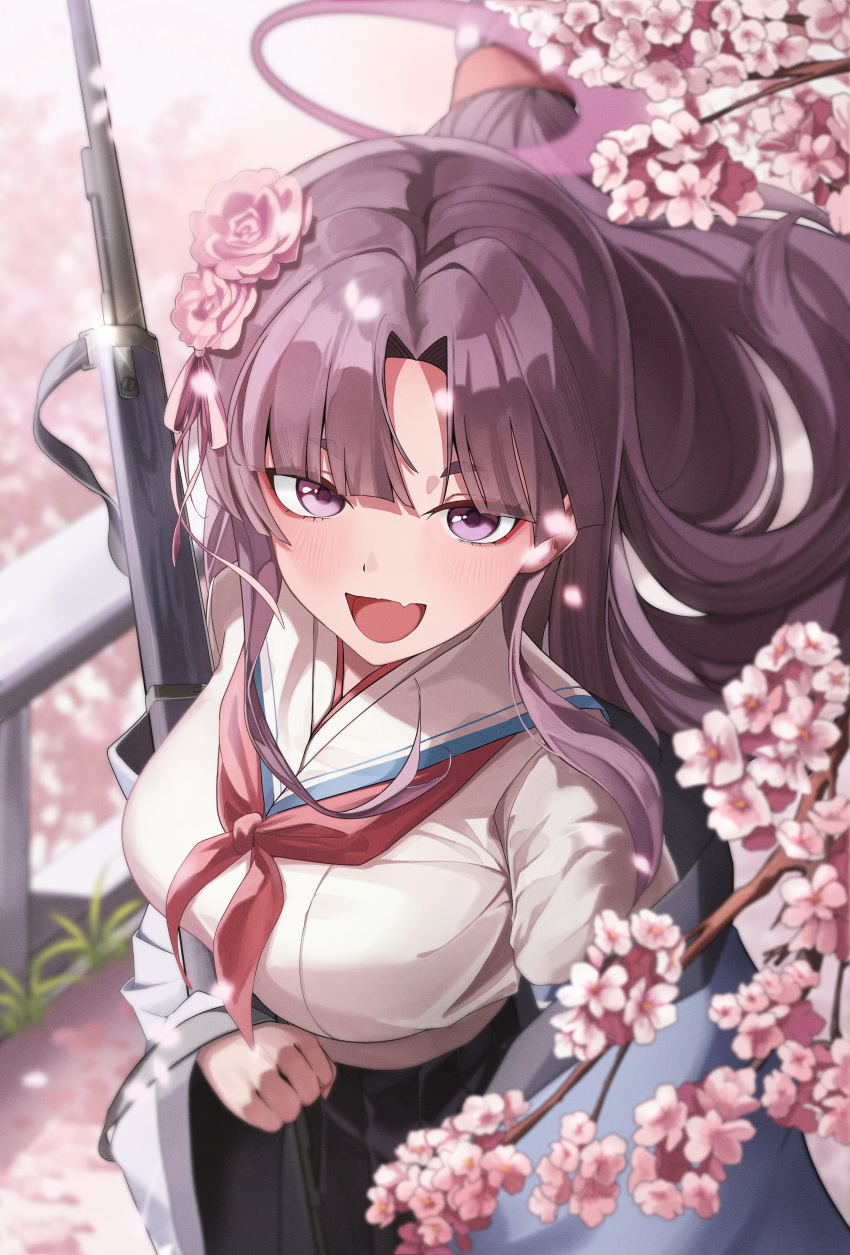 1girl, absurdres, black_hair, black_skirt, blue_archive, blue_haori, blush, breasts