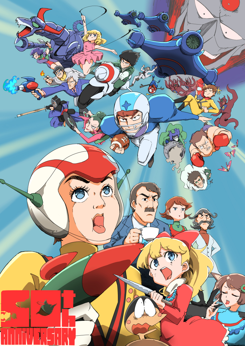 absurdres, american_football_(object), anniversary, ball, bariquand_(chargeman_ken!), beard, black_footwear, black_hair