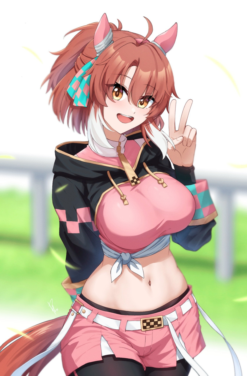 1girl, ahoge, animal_ears, belt, blurry, blurry_background, blush, breasts, commentary_request, dantsu_flame_(umamusume), grass, hair_between_eyes, hair_ornament, hairband, highres, horse_ears, horse_girl, horse_tail, looking_at_viewer, midriff, navel, neko_reina, open_mouth, pantyhose, shorts, solo, tail, teeth, umamusume, upper_teeth_only, v, white_background