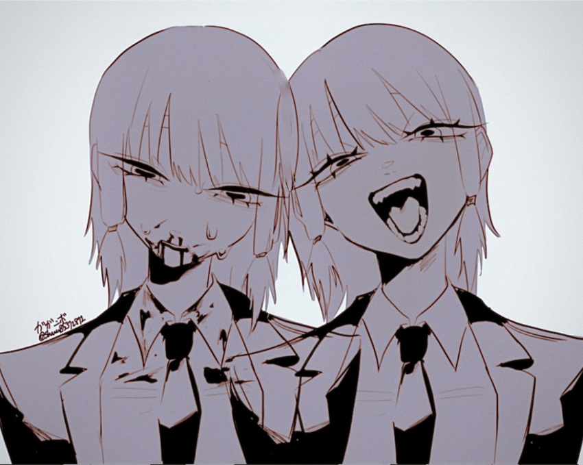 2girls, blood, blood_on_face, chainsaw_man, clone, collared_shirt, gaganbo_(shuuu85372871), greyscale