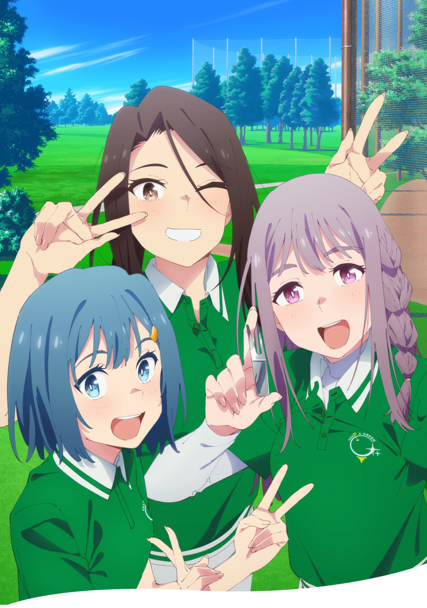 3girls, :d, absurdres, akane_haruka_(sorairo_utility), aoba_minami, blue_eyes, blue_hair, blue_sky