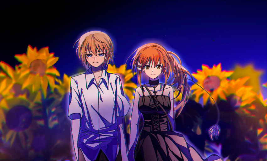 1boy, 1girl, absurdres, black_dress, blonde_hair, blue_eyes, brown_eyes, brown_hair