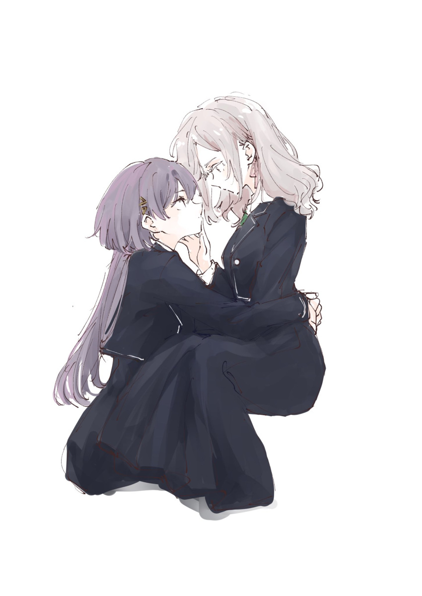 2girls, arms_around_waist, black_jacket, black_skirt, blazer, blue_eyes, collared_shirt, cropped_legs