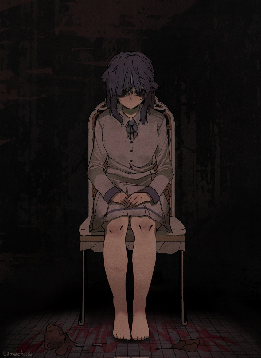 1girl, barefoot, blue_hair, breasts, chair, commentary, creepy_mita_(miside), dilated_pupils, expressionless, full_body, hair_over_eyes, hashtag-only_commentary, highres, medium_breasts, medium_skirt, miside, pleated_skirt, shirt, sitting, skirt, solo, tamachi_sa, white_shirt, wooden_floor