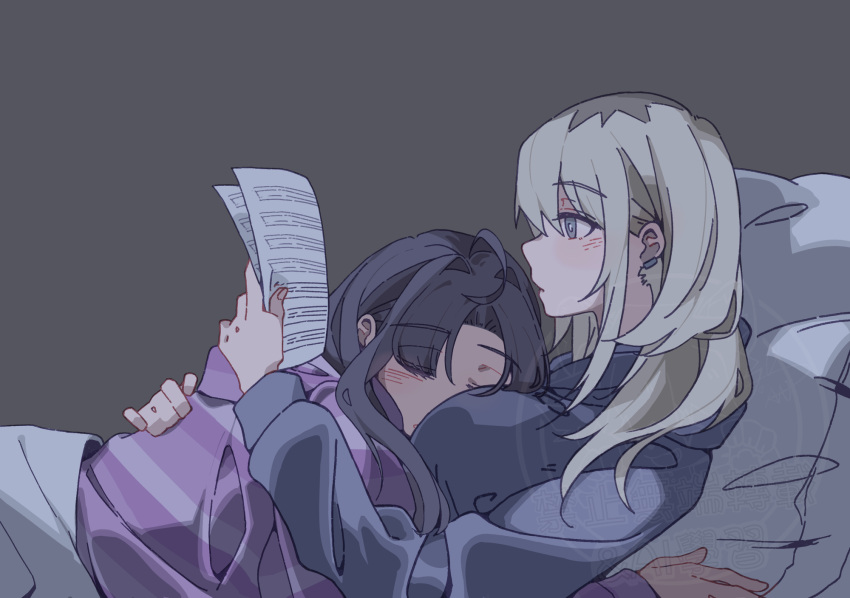 2girls, awa_subaru, between_breasts, black_hoodie, blush, breasts, closed_eyes, closed_mouth