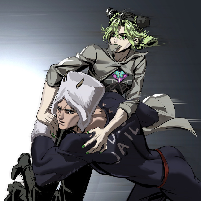 1boy, 1girl, ass, black_hair, boots, braid, bun_with_braided_base, carrying, coat, commentary, fur_hat, green_eyes, green_hair, green_lips, grey_coat, hashtag-only_commentary, hat, highres, horned_hat, jojo_no_kimyou_na_bouken, kujo_jolyne, motion_lines, multicolored_hair, shinkaifuyuki, speed_lines, stone_ocean, twin_braids, two-tone_hair, weather_report, white_hat