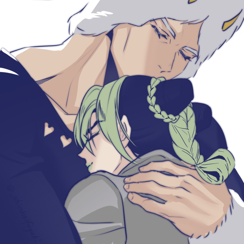 1boy, 1girl, black_hair, bun_with_braided_base, closed_eyes, clothing_cutout, commentary_request, double_bun