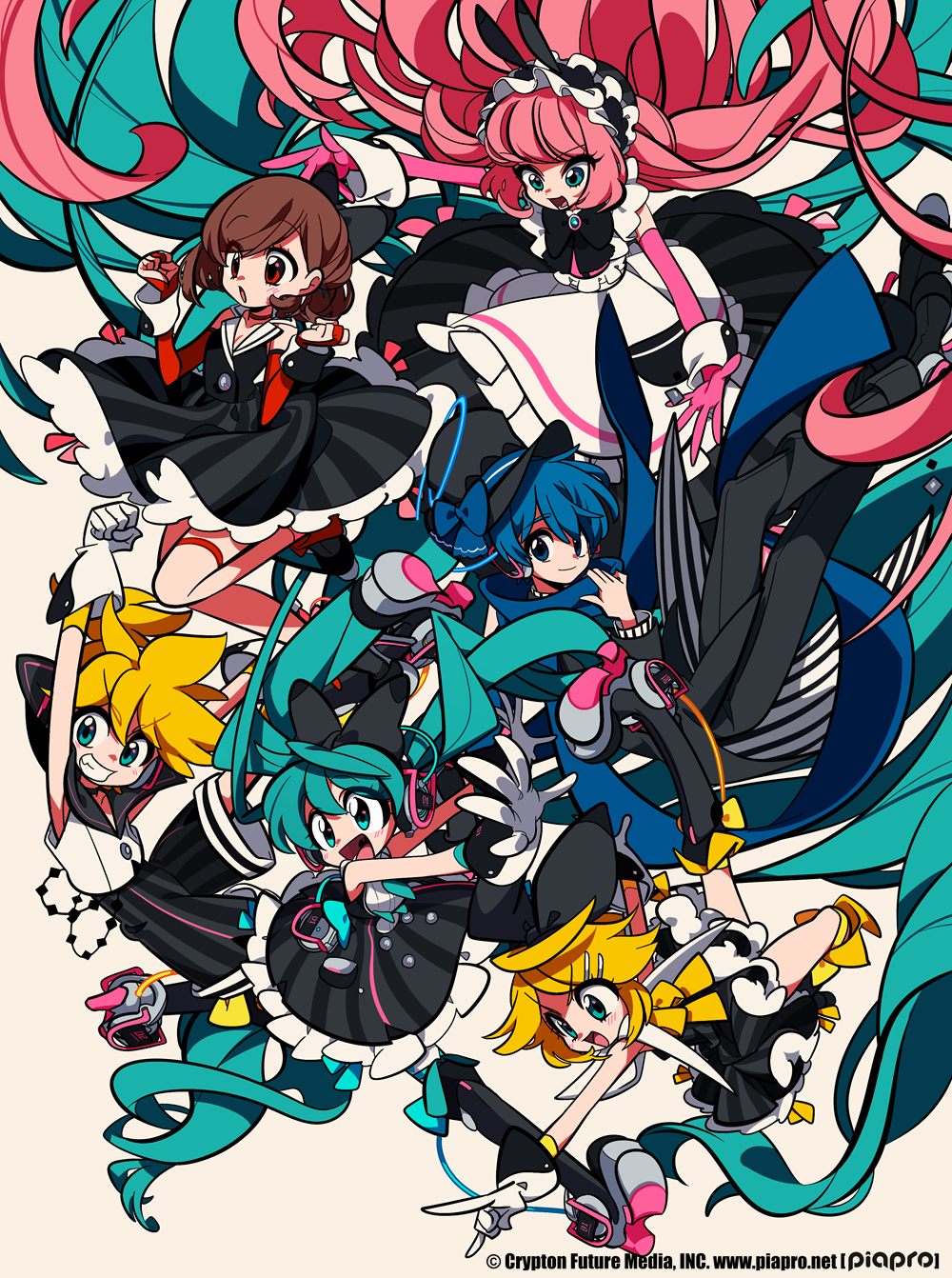 2boys, 4girls, :d, :o, absurdly_long_hair, animal_ears, apron, aqua_eyes