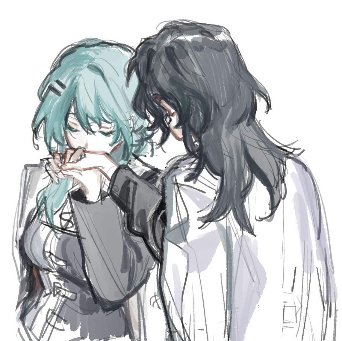 2girls, black_hair, black_jacket, black_shirt, blue_hair, chief_(path_to_nowhere), closed_eyes, coat