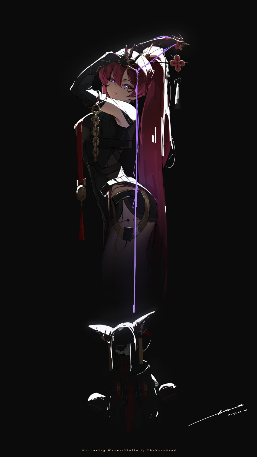 1girl, 1other, absurdres, artist_name, bare_legs, bare_shoulders, black_bodysuit, black_cloak