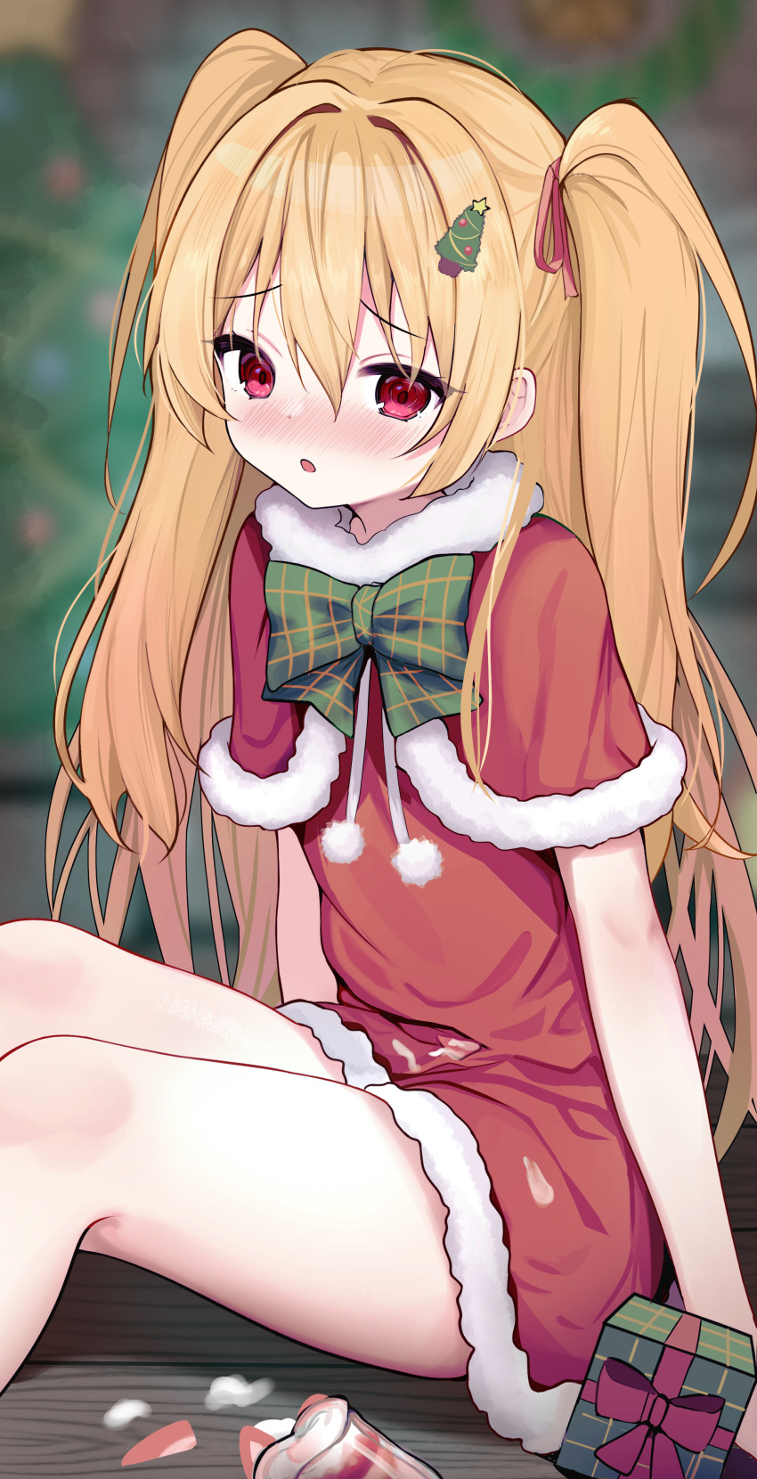 1girl, absurdres, alternate_costume, arms_at_sides, blonde_hair, blurry, blurry_background, blush, bow, bowtie, box, capelet, christmas, christmas_tree, christmas_tree_hair_ornament, commentary_request, dress, embarrassed, feet_out_of_frame, fur-trimmed_capelet, fur-trimmed_dress, fur_trim, furrowed_brow, gift, gift_box, green_bow, green_bowtie, hair_between_eyes, hair_intakes, hair_ornament, hair_ribbon, highres, indoors, irotoridori_no_sekai, long_hair, looking_at_viewer, melenas_(twdy2773), nikaidou_shinku, nose_blush, open_mouth, plaid_bow, plaid_bowtie, plaid_clothes, pom_pom_(clothes), red_capelet, red_dress, red_eyes, red_ribbon, ribbon, santa_capelet, santa_costume, santa_dress, short_dress, sidelocks, sitting, solo, thighs, tsurime, two_side_up, very_long_hair