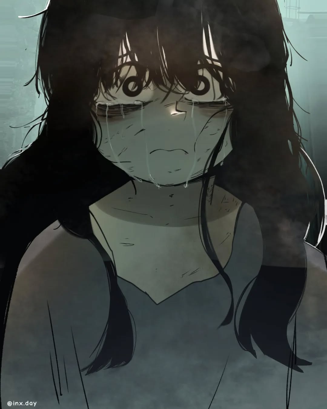 1girl, bags_under_eyes, black_eyes, black_hair, commentary, crying, dirty, dirty_face