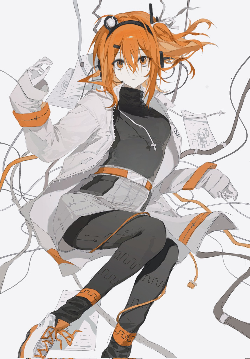 1girl, a.i._voice, adachi_rei, belt, black_pantyhose, black_sweater, corrupted_twitter_file, gloves, grey_shorts, hair_ribbon, hashtag-only_commentary, headset, highres, jacket, open_clothes, open_jacket, orange_belt, orange_eyes, orange_hair, pantyhose, paper, ribbon, robot, robot_girl, shoes, shorts, sneakers, sona_(lnjixn), sweater, turtleneck, turtleneck_sweater, utau, white_footwear, white_gloves, white_jacket, white_ribbon, white_sneakers