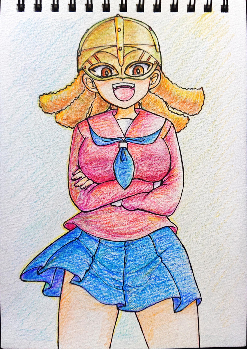 1girl, absurdres, amanone_yun, blue_scarf, blue_skirt, breasts, brown_eyes, colored_pencil_(medium)