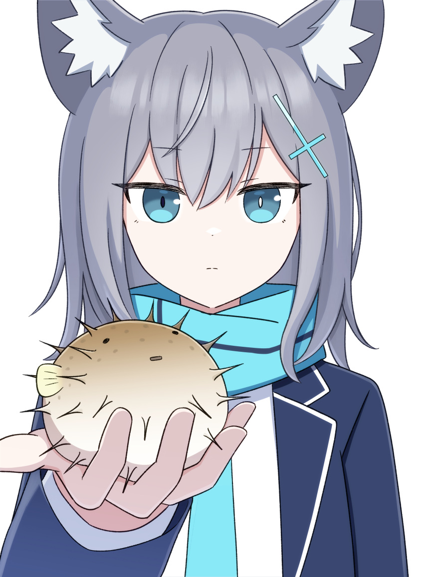 1girl, absurdres, animal, animal_ear_fluff, animal_ears, black_jacket, blue_archive, blue_eyes