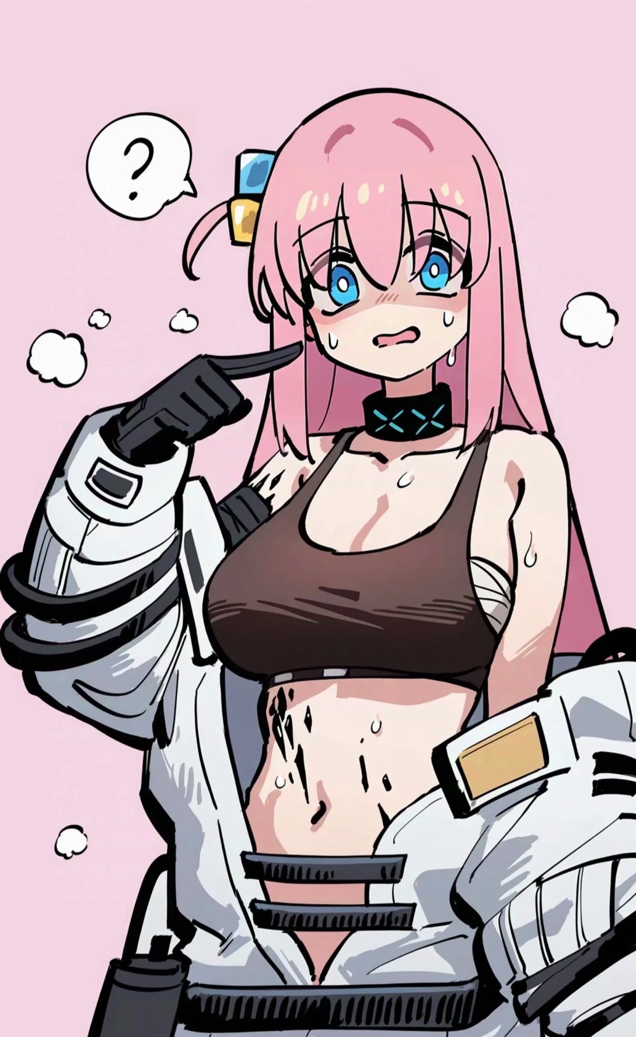 1girl, ?, arknights, bare_shoulders, black_gloves, black_sports_bra, blue_eyes, blush