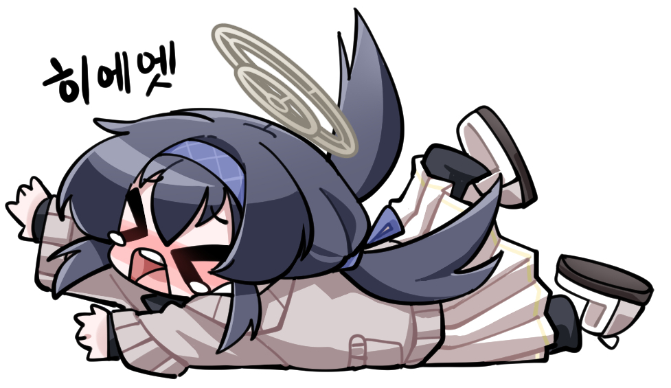 >o<, 1girl, black_socks, blue_archive, blue_hairband, blue_ribbon, blush, cardigan, chibi, chibi_only, closed_eyes, commentary_request, fallen_down, fey_(whitepaper), grey_cardigan, grey_hair, grey_halo, hair_between_eyes, hair_ribbon, hairband, halo, korean_commentary, korean_text, long_hair, long_sleeves, open_mouth, pain, ribbon, simple_background, skirt, slippers, socks, solo, tearing_up, translation_request, twintails, ui_(blue_archive), upper_body, very_long_hair, white_background, white_skirt
