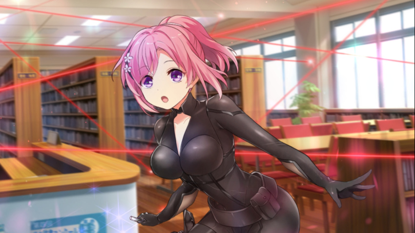 1girl, black_bodysuit, bodysuit, breasts, cowboy_shot, game_cg, hair_ornament, hairclip