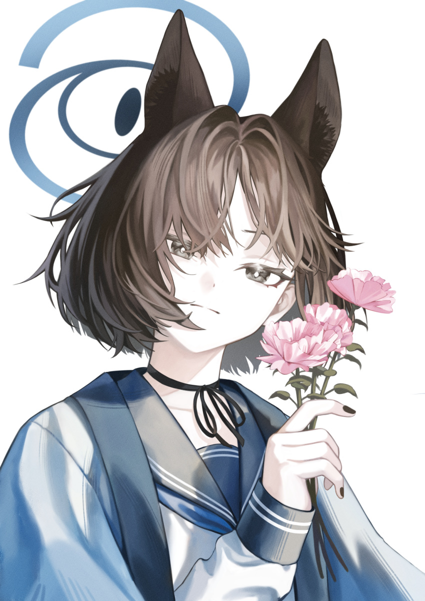 1girl, animal_ears, black_choker, black_hair, black_nails, blue_archive, blue_haori, blue_ribbon