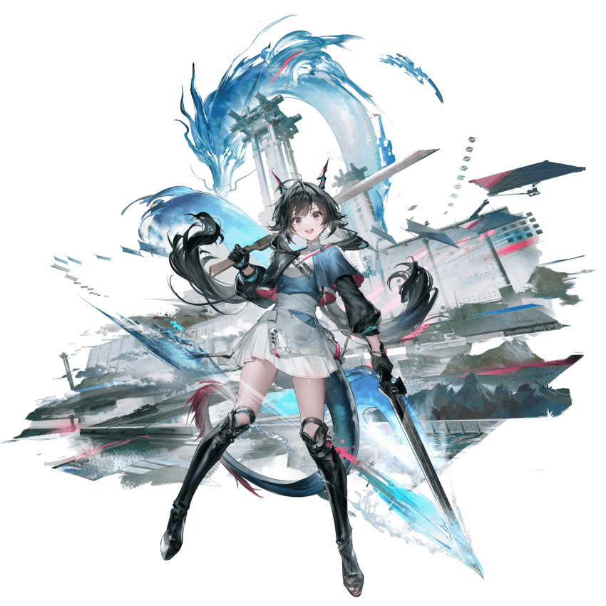 1girl, arknights, arknights:_endfield, black-footed_cat, black_hair, blue_capelet, boots, capelet