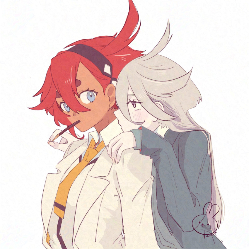 2girls, adversarial_noise, black_hairband, blue_eyes, blush, collared_shirt, commentary, dark-skinned_female