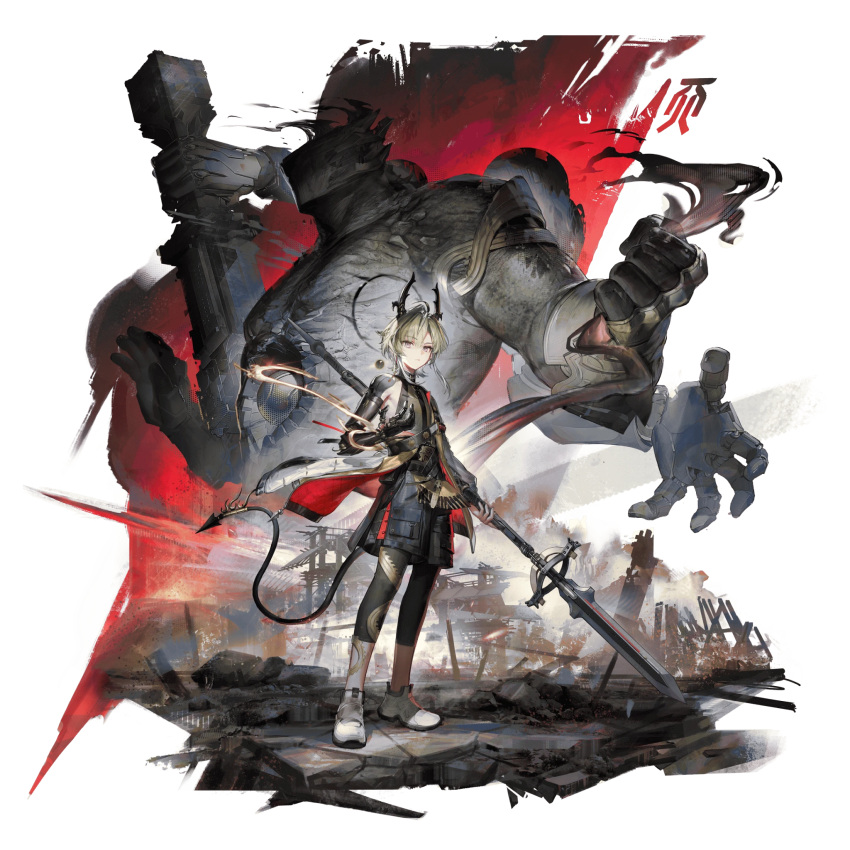 arknights, arknights:_endfield, black_horns, black_pants, demon_tail, green_hair, highres, holding, holding_weapon, horns, liduke, lifeng_(endfield), pants, prosthesis, prosthetic_arm, shoes, shorts, sneakers, statue, tail, tight_clothes, tight_pants, violet_eyes, weapon, white_sneakers