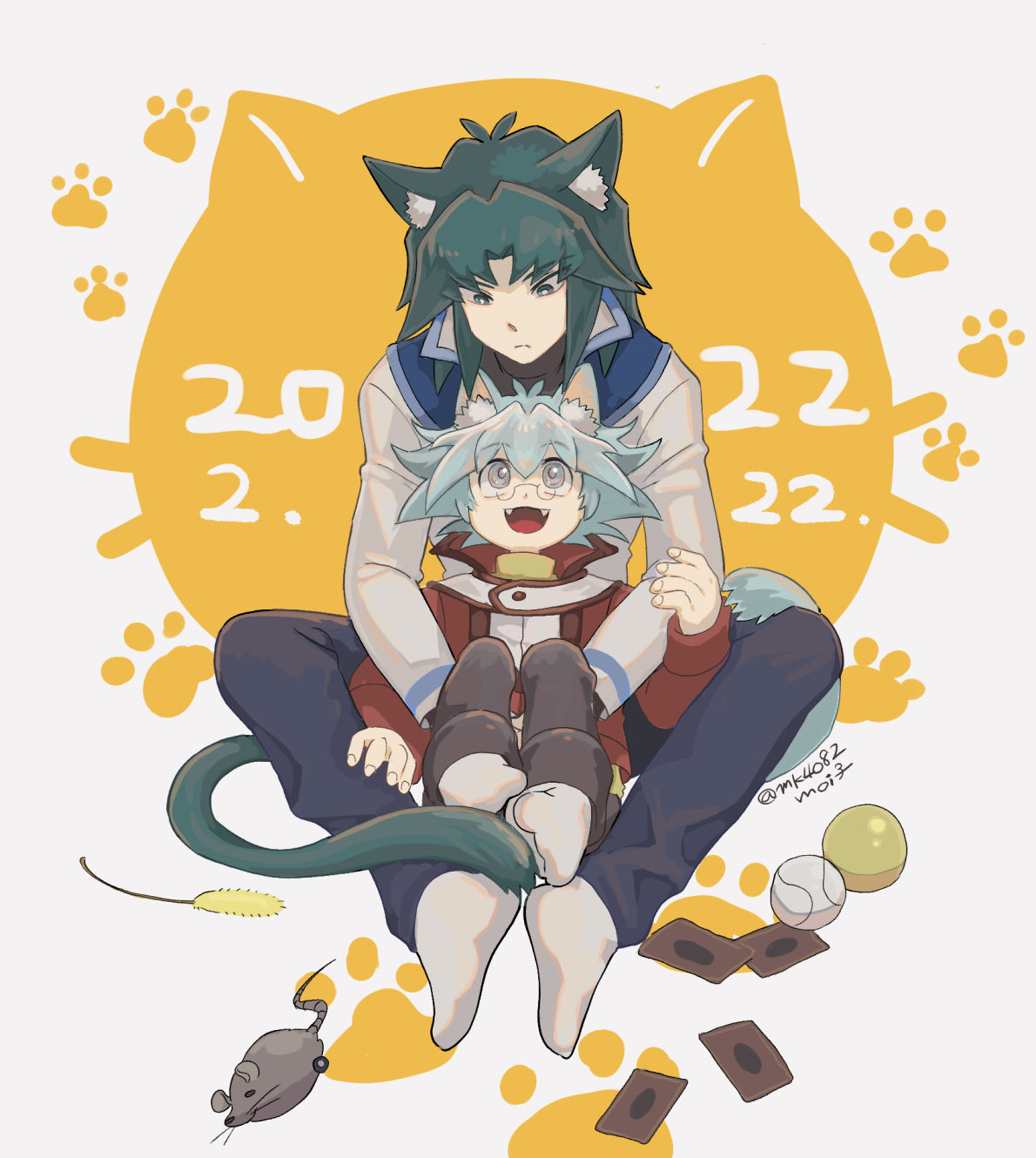 2022, 2boys, animal_ear_fluff, animal_ears, black_pants, blue_hair, brothers, card