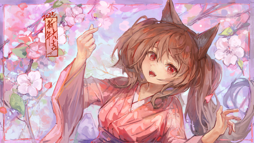 1girl, 2025, :d, absurdres, angelina_(arknights), animal_ear_fluff, animal_ears, arknights, breasts, brown_hair, chinese_commentary, commentary, finger_heart, fox_ears, fox_girl, happy_new_year, highres, japanese_clothes, karenncat, kimono, long_sleeves, looking_at_viewer, open_mouth, pink_kimono, red_eyes, small_breasts, smile, twintails, upper_body, wide_sleeves
