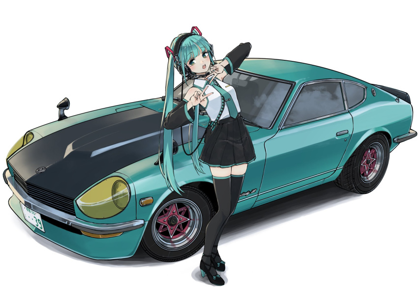 1girl, aqua_hair, aqua_necktie, aqua_trim, black_footwear, black_skirt, black_thighhighs, car