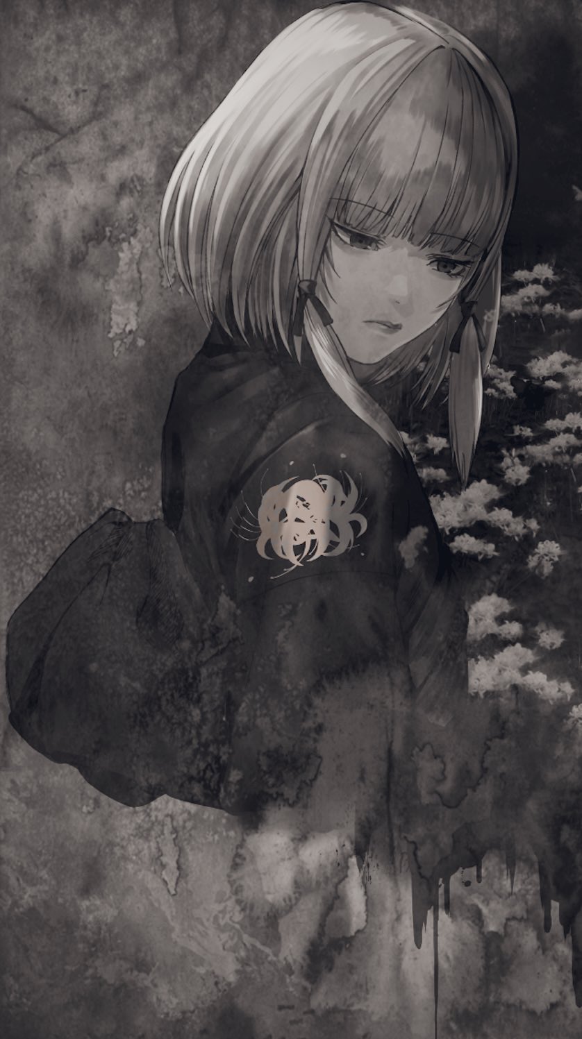 1girl, closed_mouth, fatal_frame, fatal_frame_5, floral_print, gauss_<bokashi, greyscale, hair_ribbon