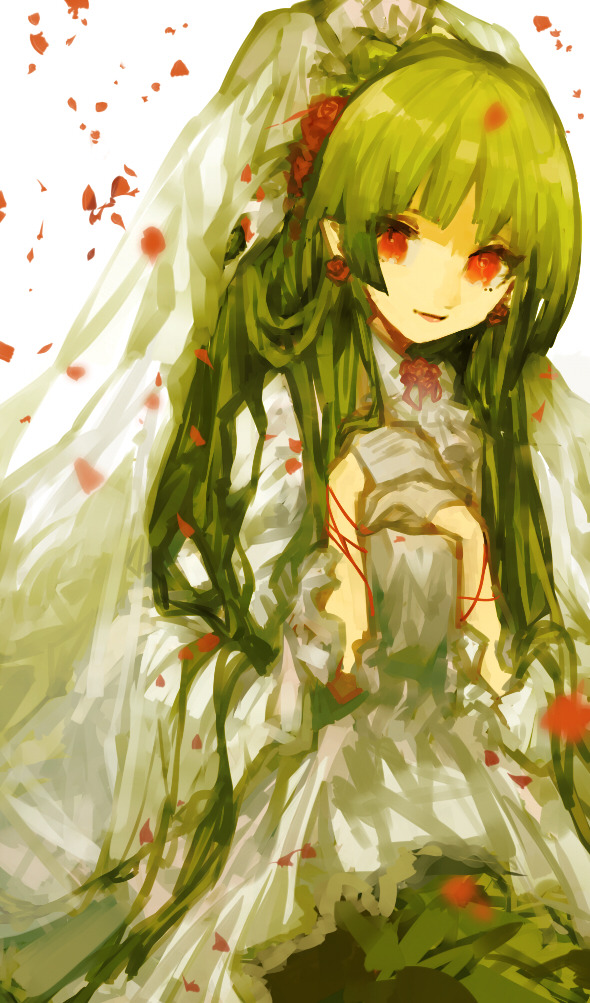 1girl, dress, funamusea, green_hair, long_hair, looking_at_viewer, radishcarbon, red_eyes