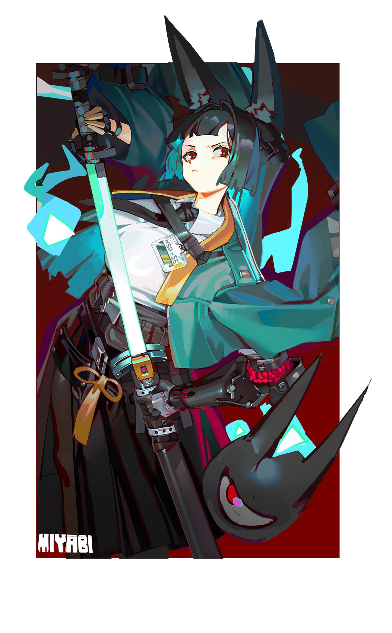 1girl, animal_ear_fluff, animal_ears, black_gloves, black_hair, black_necktie, black_skirt, blunt_bangs